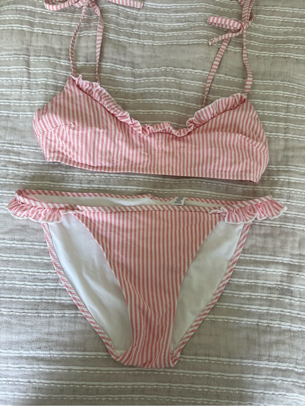 aerie Pink and White Striped Ruffle Bikini Set - Picture 1 of 4